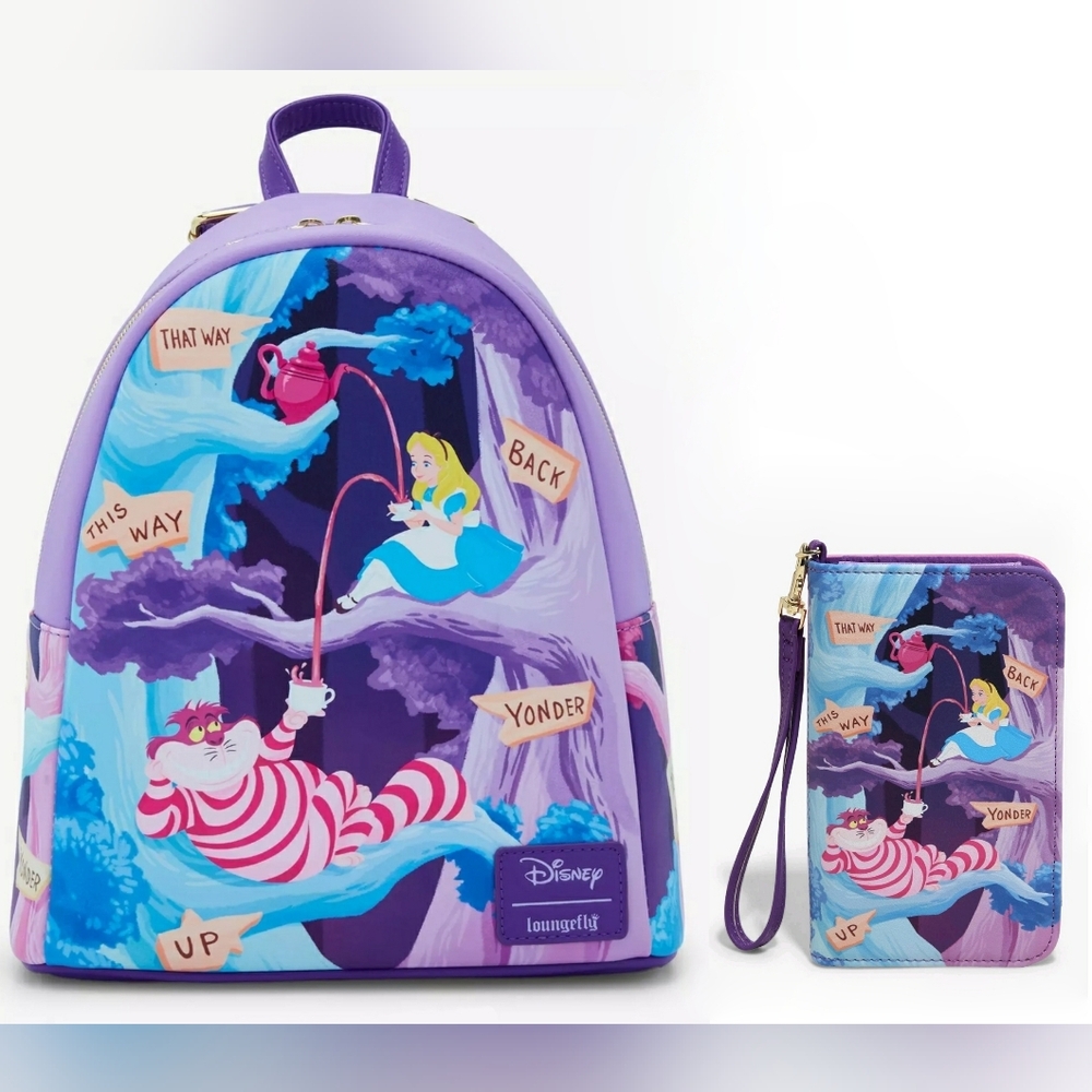 💜💙NWT Loungefly Disney Wonderland Alice and Cheshire Cat themed Set! Soft Tag